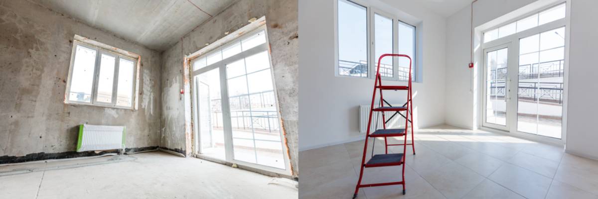 Side-by-side view of a room before and after renovation; the left shows exposed walls and unfinished floors, while the right is clean with tiled floors, painted walls, and a red step ladder in the bright space.