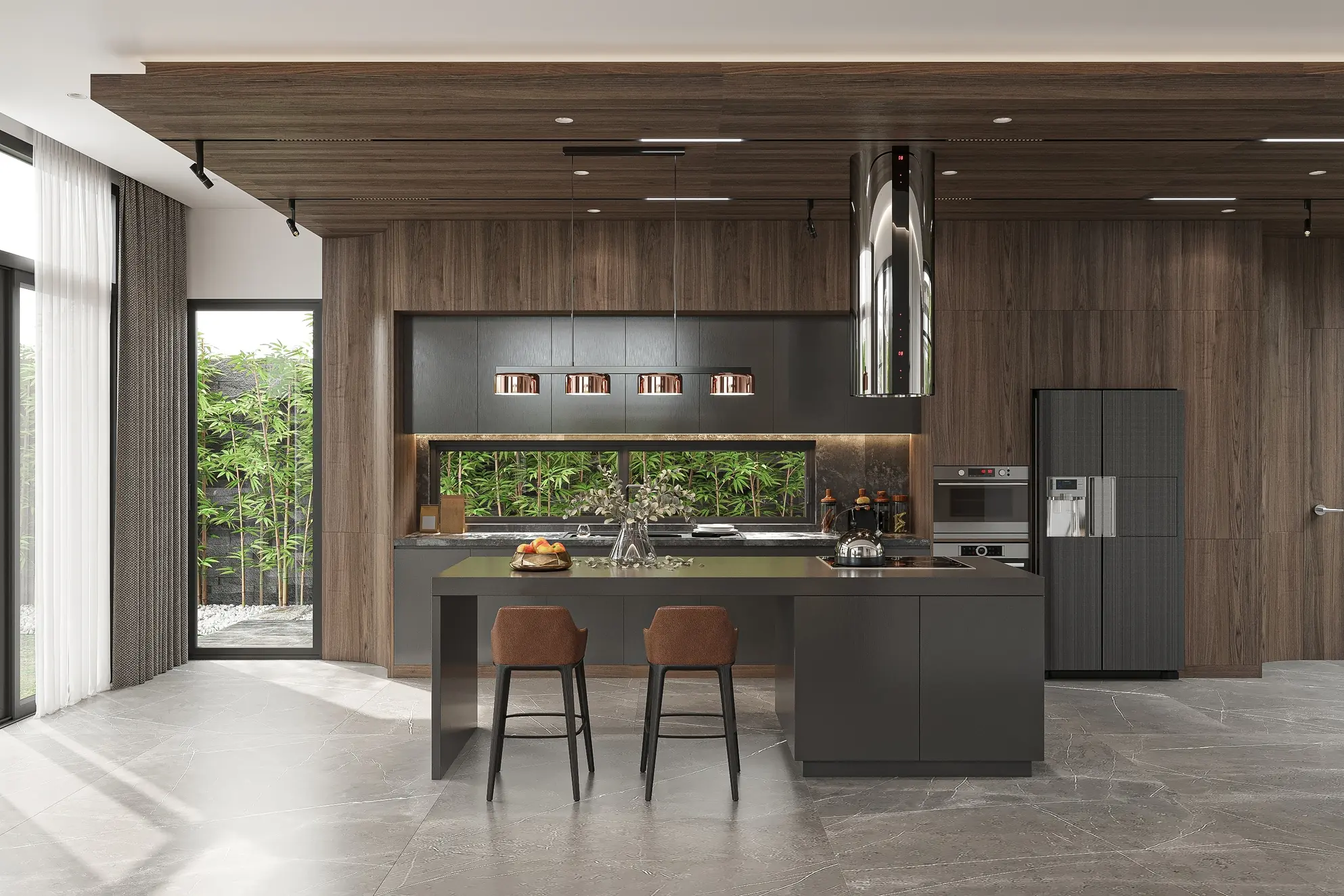 Modern kitchen with dark wood paneling, gray cabinets, an island with two brown chairs, stainless steel appliances, and large windows overlooking green bamboo plants in Larimer County, Colorado.